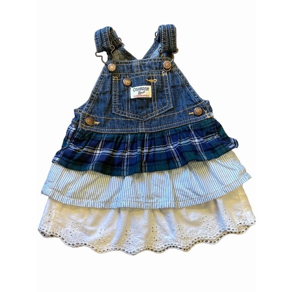 Girl's OSHKOSH Ruffle Dress Vestbak Jumper gingham plaid Size 12M layered - Picture 1 of 6